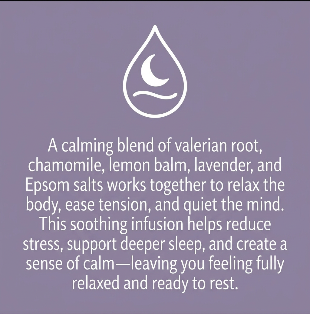 Text describing a calming blend of herbs and Epsom salts on a purple background with a white droplet icon.