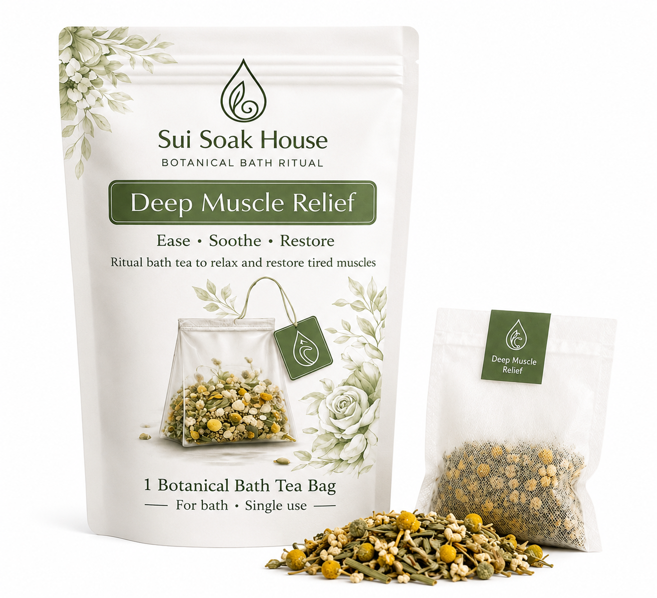 Sui Soak House Deep Muscle Relief botanical bath tea package with tea bag and ingredients on a white background