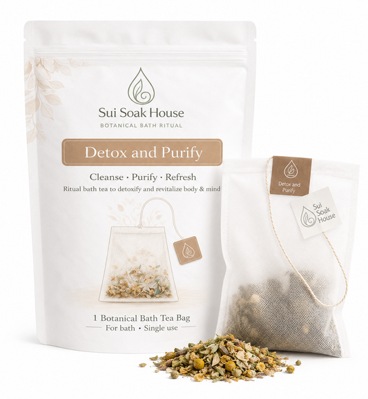 Sui Soak House botanical bath tea package with tea bag and loose tea on a white background