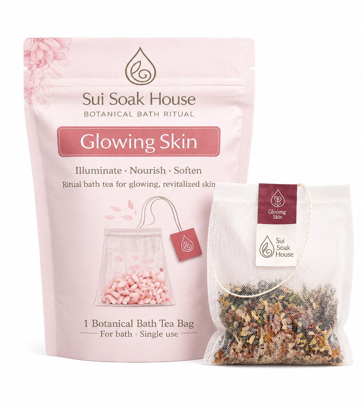 Sui Soak House botanical bath tea package with a clear bag showing tea leaves on a white background