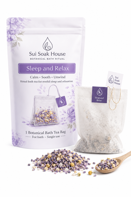 Sui Soak House botanical bath tea package with bath salts and tea bag on a white background