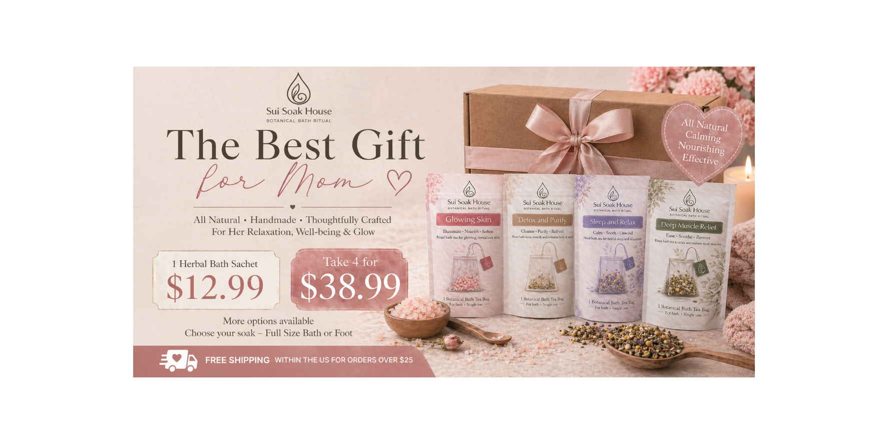 Set of herbal bath sachets with packaging and promotional text on a light background. mother gift bundle