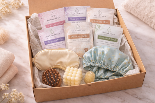 gift box sui soak house bath tea bags candles, brush massager, face mask