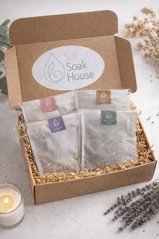 Box of 'Sui Soak House' products with packaging on a light surface.