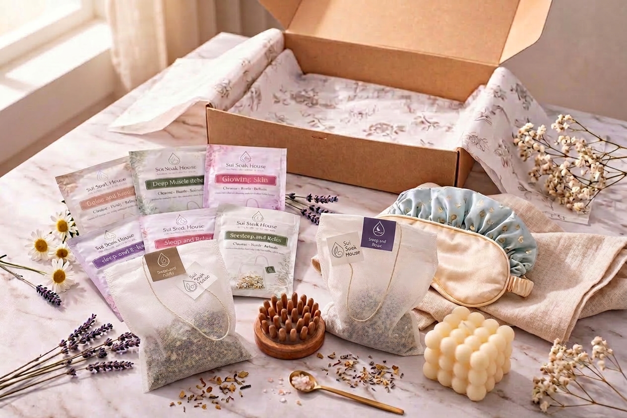 Wellness and self-care products including a facial mask, candles, and brush, haircap