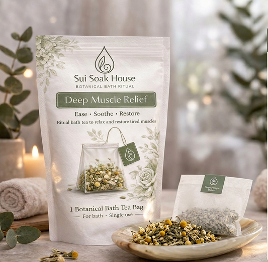Sui Soak House Deep Muscle Relief botanical bath tea package on a wooden surface with a blurred background.