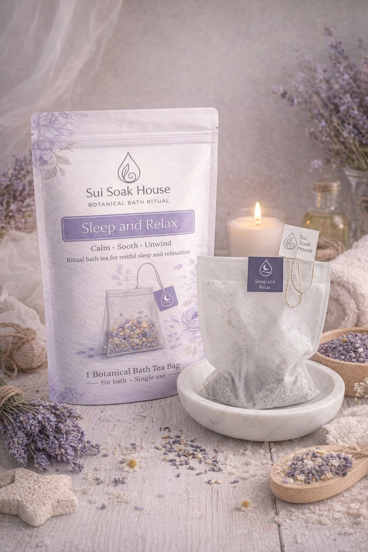 Sui Soak House bath tea bags with a candle and lavender flowers on a neutral background